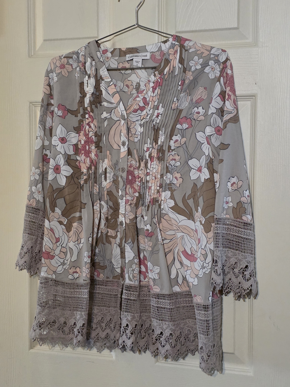 Coldwater Creek Taupe Pink White Floral Blouse